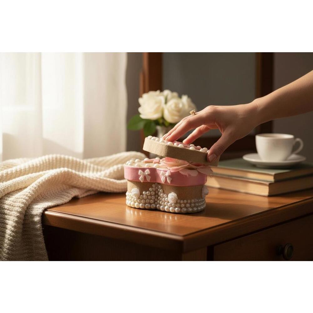 Handcrafted Heart-Shaped Decorative Box with Pink Floral Accent and Pearls
